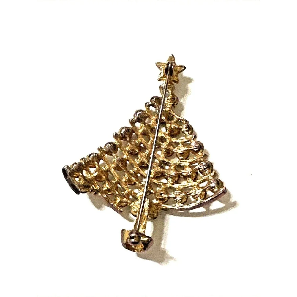 Vintage Christmas Tree Brooch Red Green Clear Rhinestones Gold Tone Mid Century
